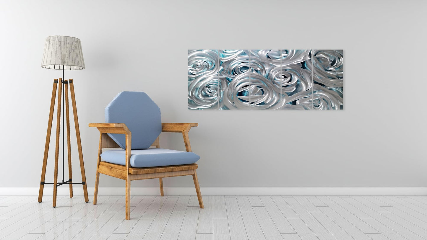 Huge Silver Flower Metal Wall Art, Handcrafted Wall Sculpture Set for Living Room Decor