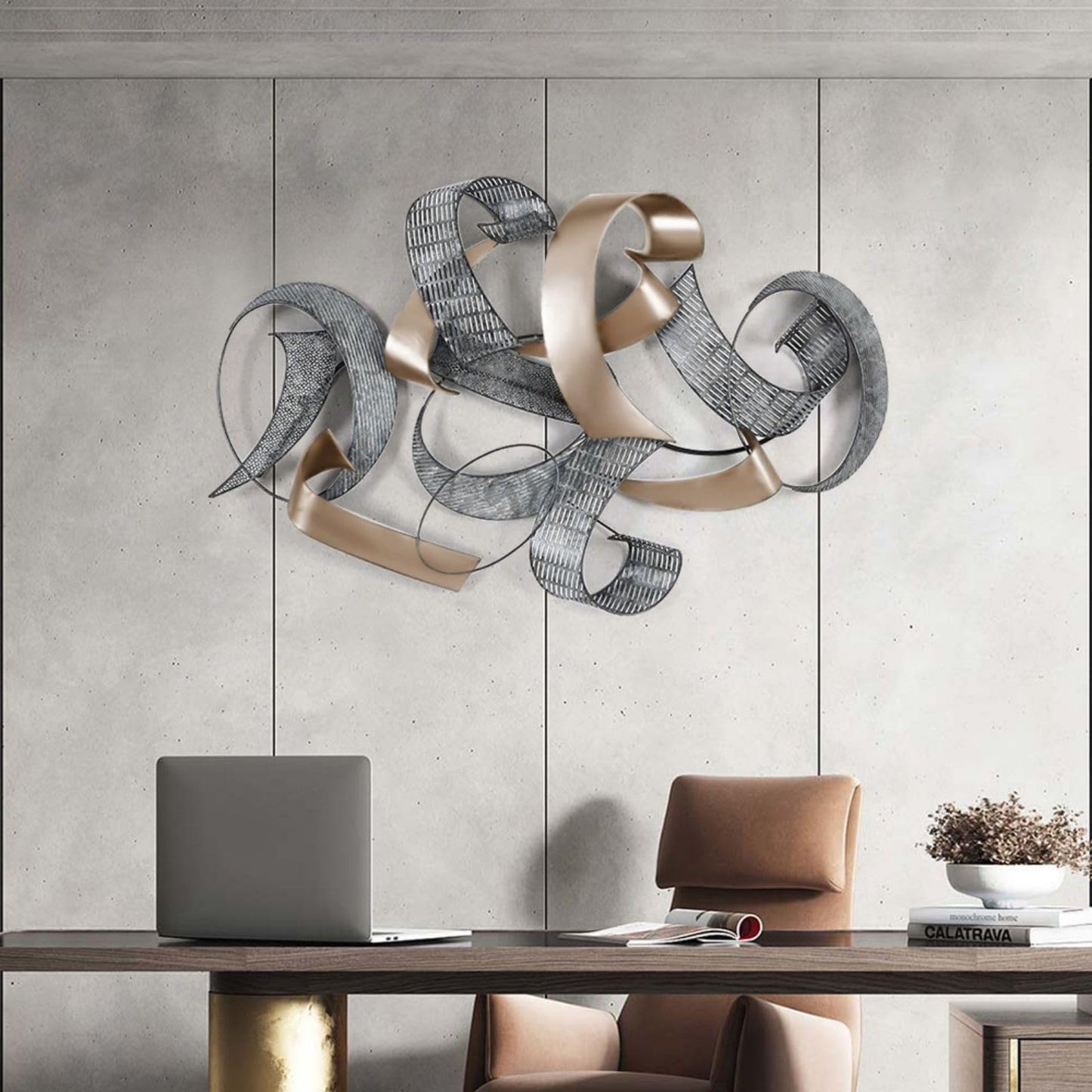 Modern 3D Abstract Geometric Metal Wall Art, Overlapping Iron Design for Living Room, Dining Room or Office 47.2"