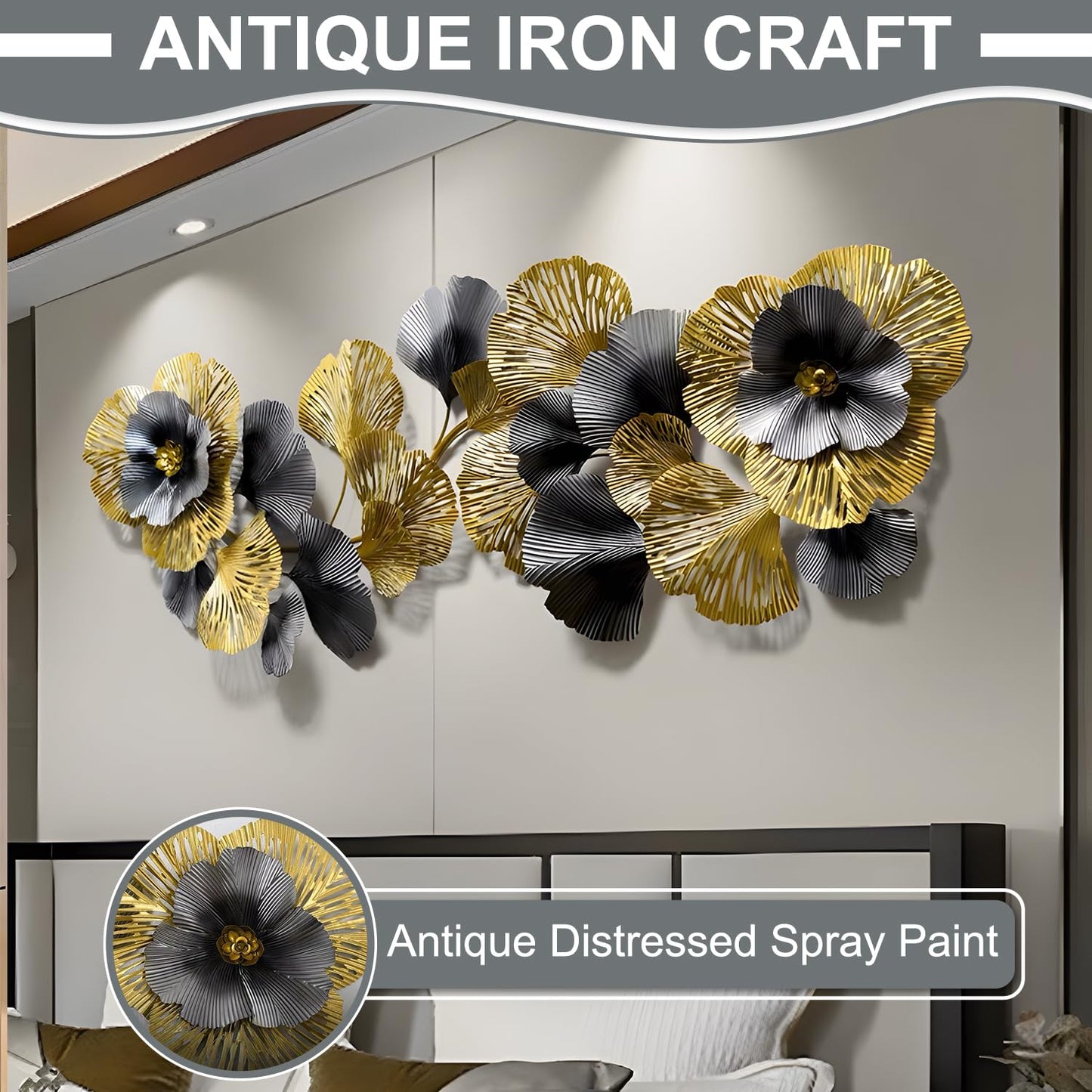 edaknez Extra Large Metal Wall Art, 3D Flower Leaves Metal Wall Decor for Living Room, Coastal Nautical Wall Hanging Sculpture, Indoor & Outdoor Black and Gold Decoration (B 145 x 55 x 6 cm)