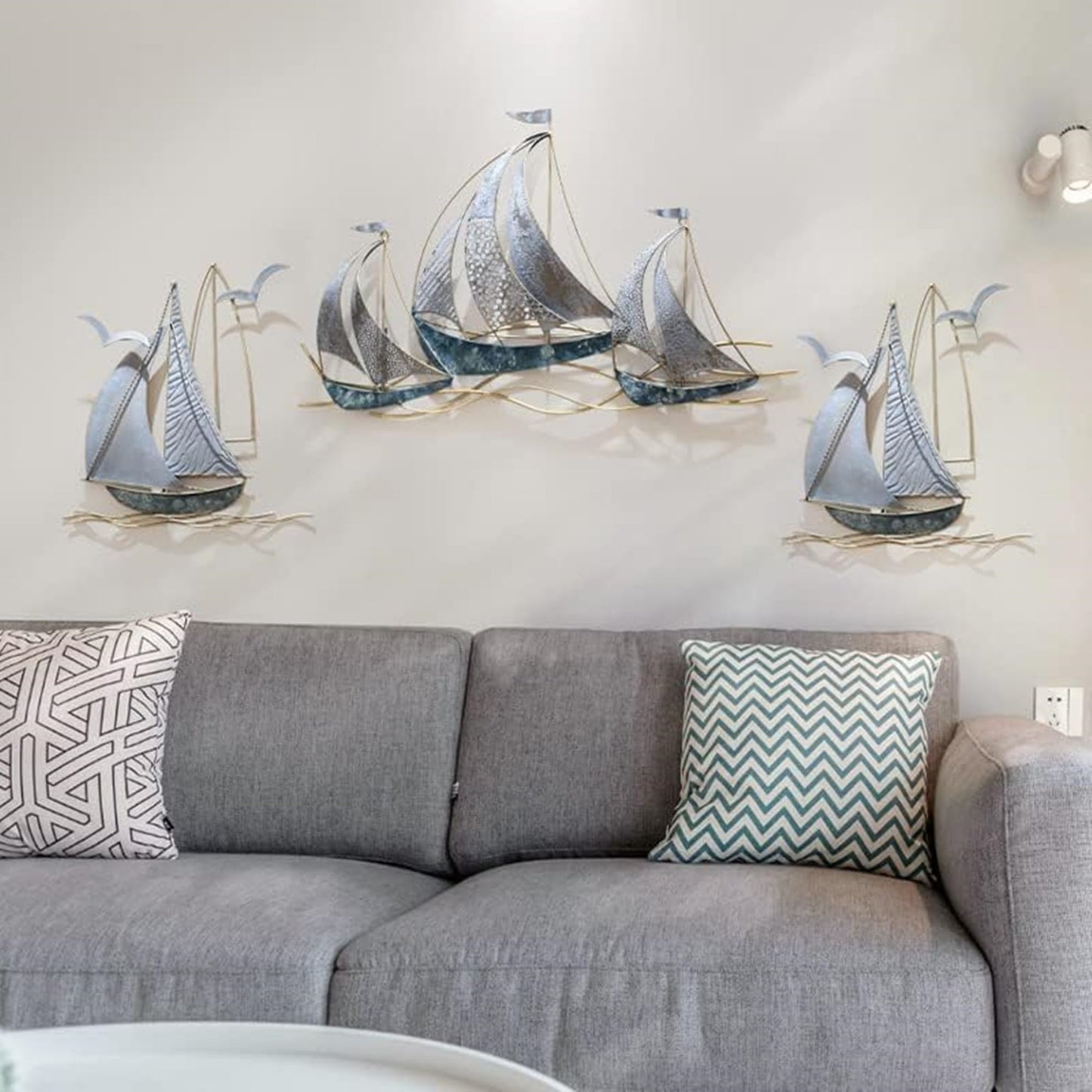 edaknez Set of 3 Metal Sailboat Wall Art, Coastal Nautical Blue Ship Wall Decor, Large Sailing Boat Metal Wall Sculpture for Living Room, Bedroom, Indoor & Outdoor