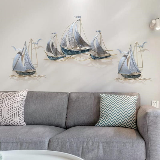 edaknez Set of 3 Metal Sailboat Wall Art, Coastal Nautical Blue Ship Wall Decor, Large Sailing Boat Metal Wall Sculpture for Living Room, Bedroom, Indoor & Outdoor