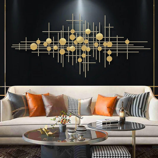Modern Gold Abstract Metal Wall Art with Geometric Bars and Dots, Large Decorative Accent for Living Room, Bedroom or Hallway 58.3"