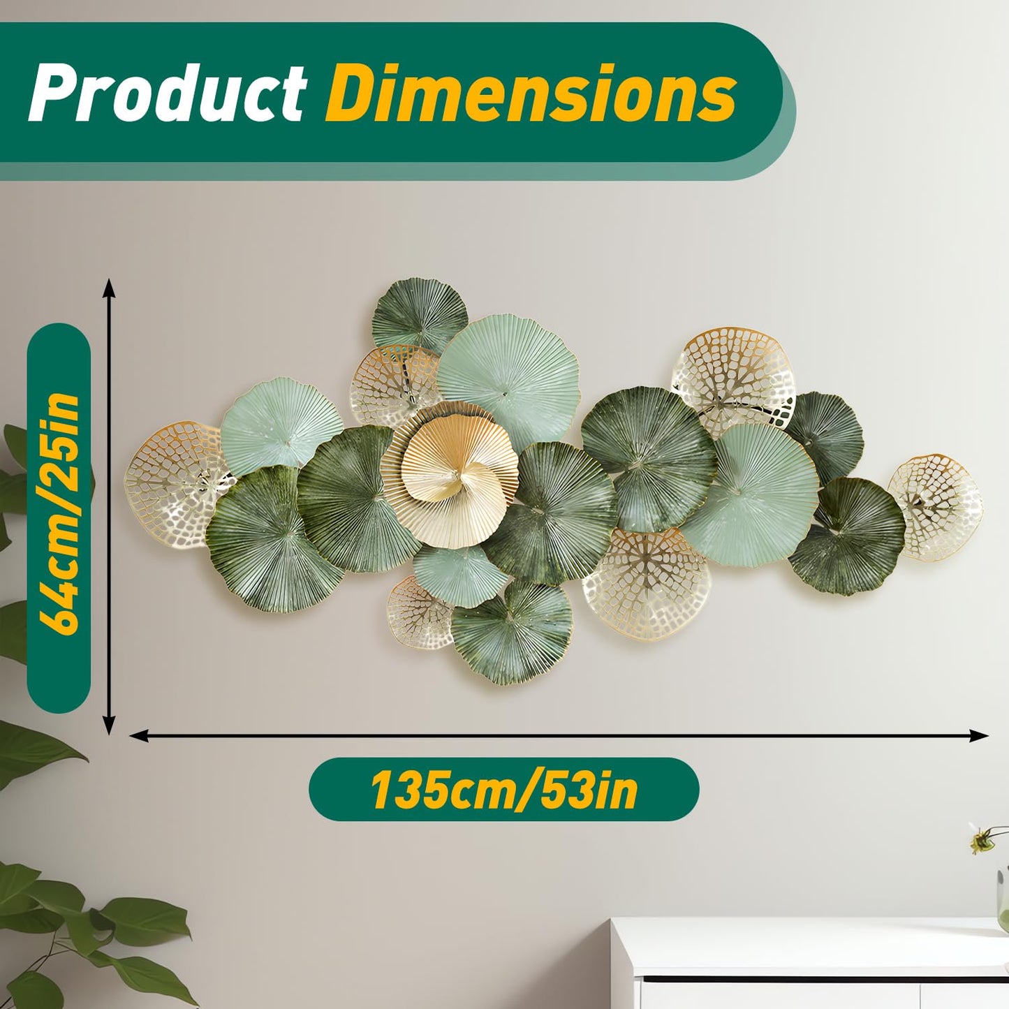 edaknez Metal Wall Art Decor, Large 3D Flower Leaves Metal Wall Art, Modern Lotus Wall Decoration for Indoor & Outdoor Living Room or Bedroom, Green and Gold (C 135 x 64 x 6 cm)