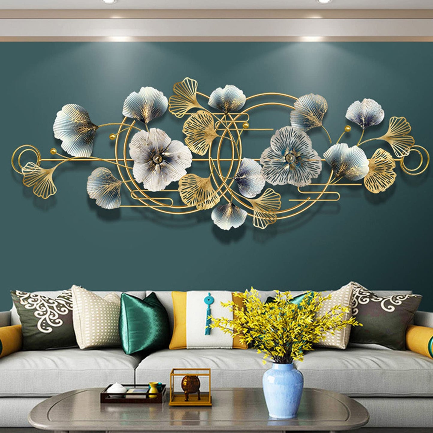 Metal Art Wall Decor, 3D Ginkgo Leaf Wall Art, Large Removable Metal Wall Sculpture for Living Room and Bedroom Decoration (64.6" × 26.4")