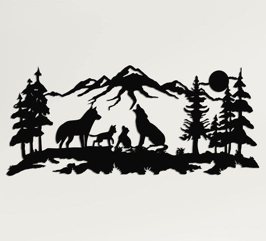 Wolves Family Metal Wall Art, Nature Scene with Wolves, Mountains and Trees, Decorative Wall Sculpture 47"x20"