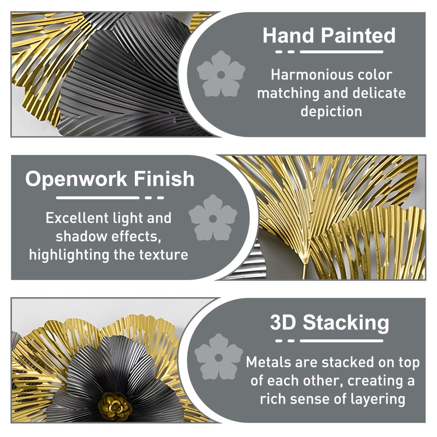 edaknez Extra Large Metal Wall Art, 3D Flower Leaves Metal Wall Decor for Living Room, Coastal Nautical Wall Hanging Sculpture, Indoor & Outdoor Black and Gold Decoration (B 145 x 55 x 6 cm)