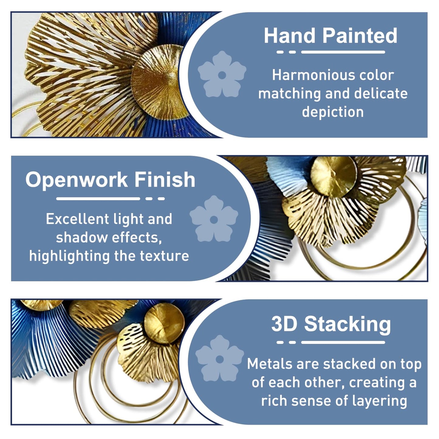 edaknez Metal Wall Decor for Living Room, Extra Large 3D Modern Leaves Metal Wall Art, Lotus Flower Wall Hanging Sculpture for Indoor & Outdoor Decoration, Blue and Gold (A 130 x 66 x 6 cm)