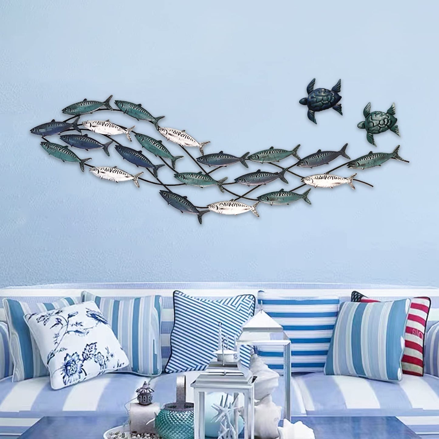Coastal Metal Fish Wall Art with Two Metal Turtles, Modern Nautical Sculpture for Beach-Themed Living Room or Bedroom