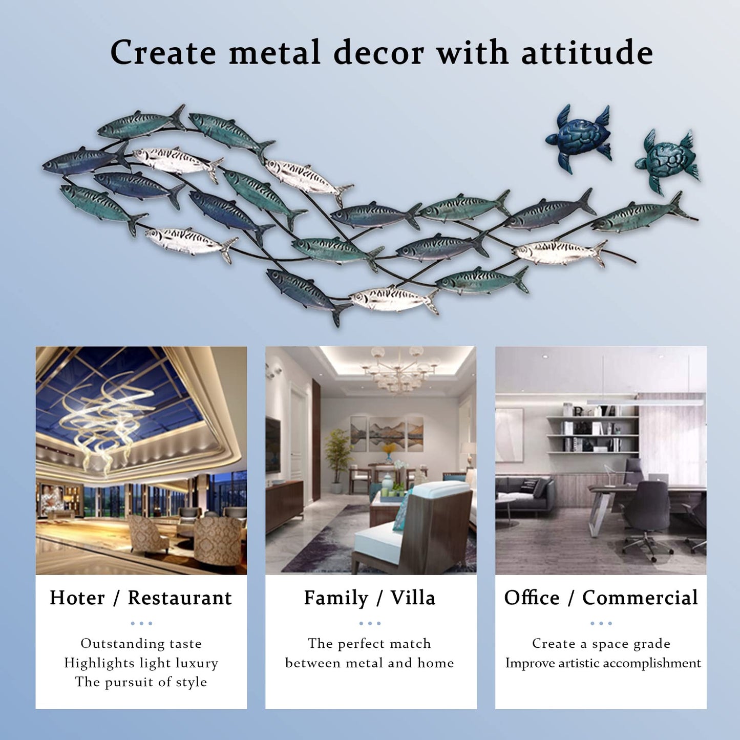 Coastal Metal Fish Wall Art with Two Metal Turtles, Modern Nautical Sculpture for Beach-Themed Living Room or Bedroom