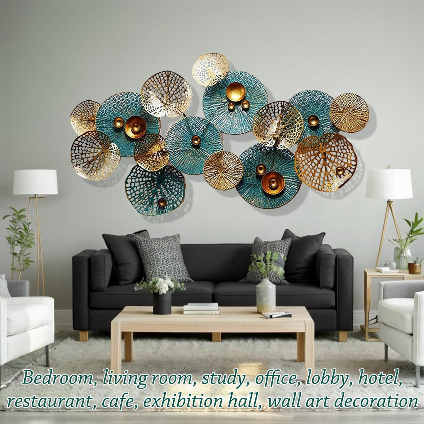 Metal Wall Decor for Living Room, 3D Stacked Leaves Lotus Flower Metal Wall Art, Modern Hanging Wall Decoration, 50" x 26"