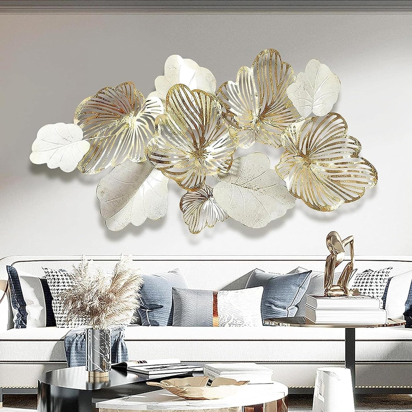 3D Gold Flower Metal Wall Art, Modern Blooming Wall Sculpture for Living Room, Bedroom or Kitchen Decor 52"x29"