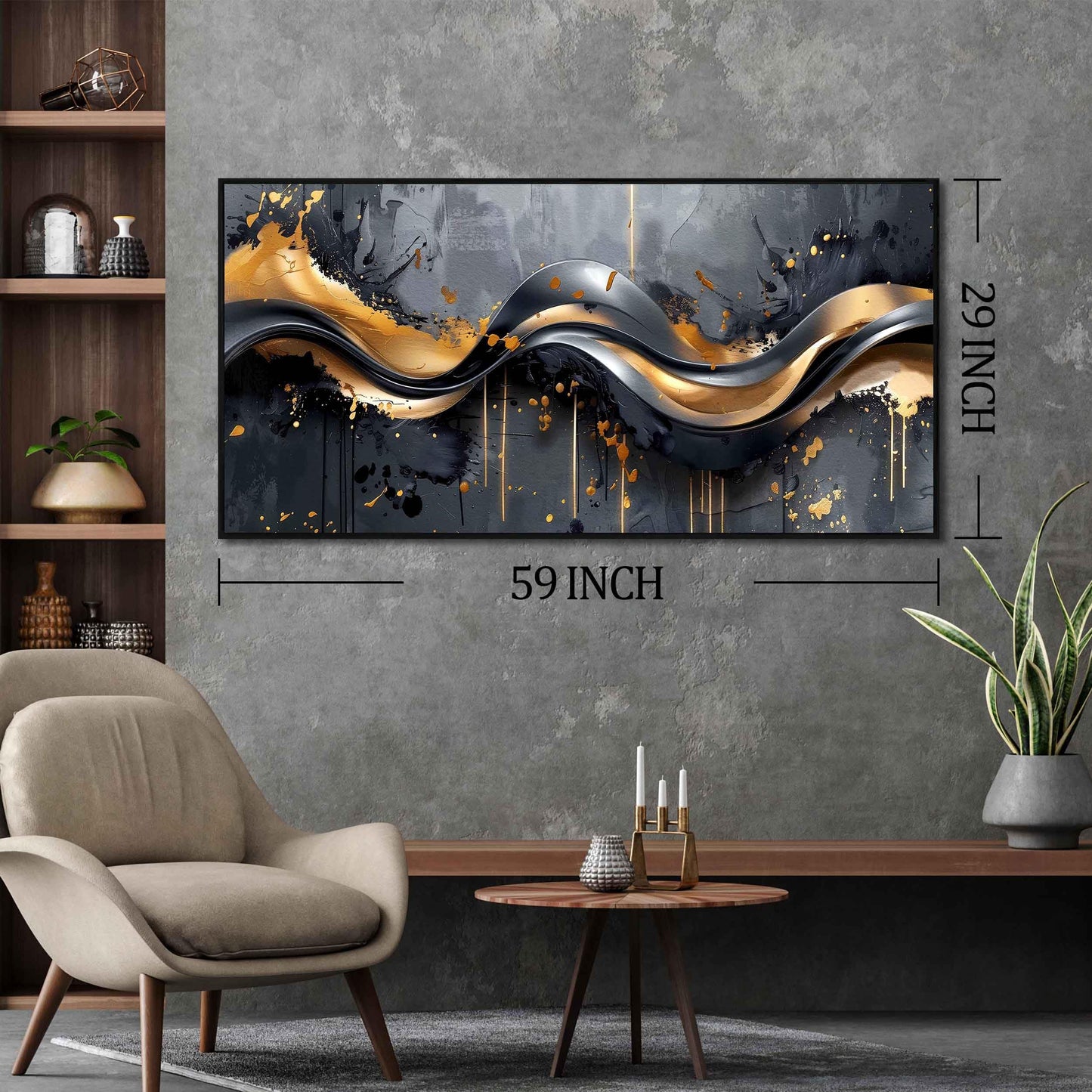 Elegant Black and Gold Canvas Wall Art, Large Modern Decorative Painting for Living Room or Office 29"x59"