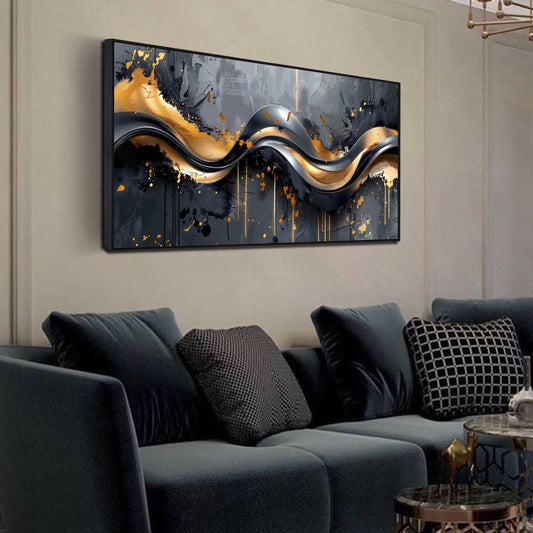 Large Gold and Black Abstract Canvas Wall Art, Modern Decorative Painting for Bedroom or Living Room 24"x48"