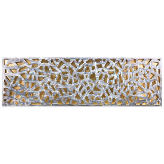 Abstract 3D Polished Steel Wall Art with Gold Leaf, Modern Metal Sculpture for Living Room or Office 72"x22"