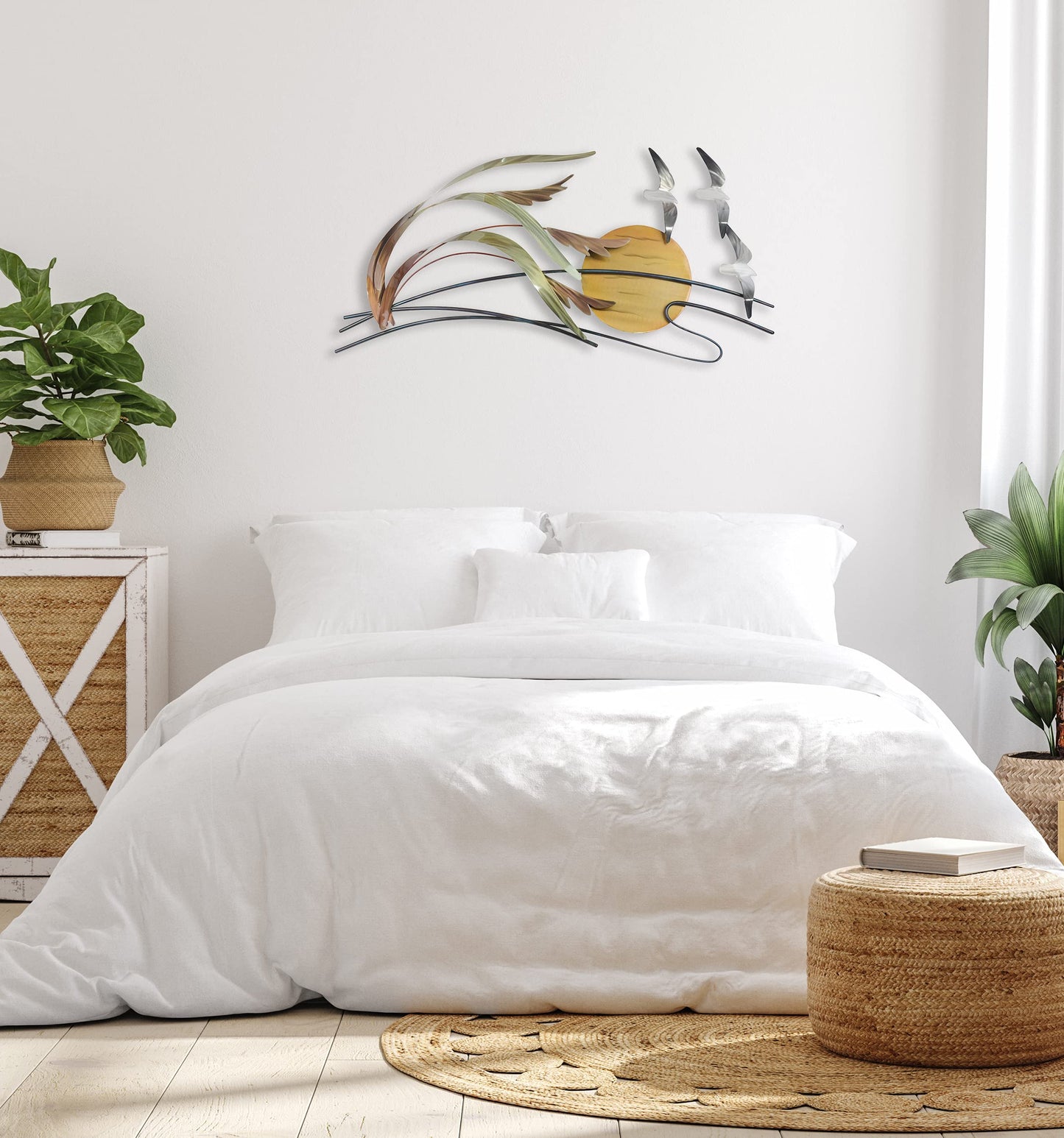 Contemporary Coastal Seagulls and Sea Oats Metal Wall Art with Sun, Handmade Stainless Steel Beach Decor