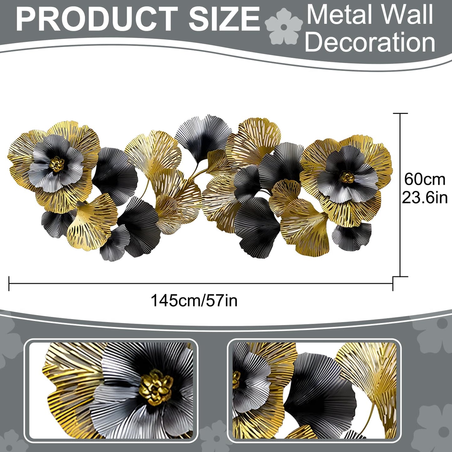 edaknez Extra Large Metal Wall Art, 3D Flower Leaves Metal Wall Decor for Living Room, Coastal Nautical Wall Hanging Sculpture, Indoor & Outdoor Black and Gold Decoration (B 145 x 55 x 6 cm)