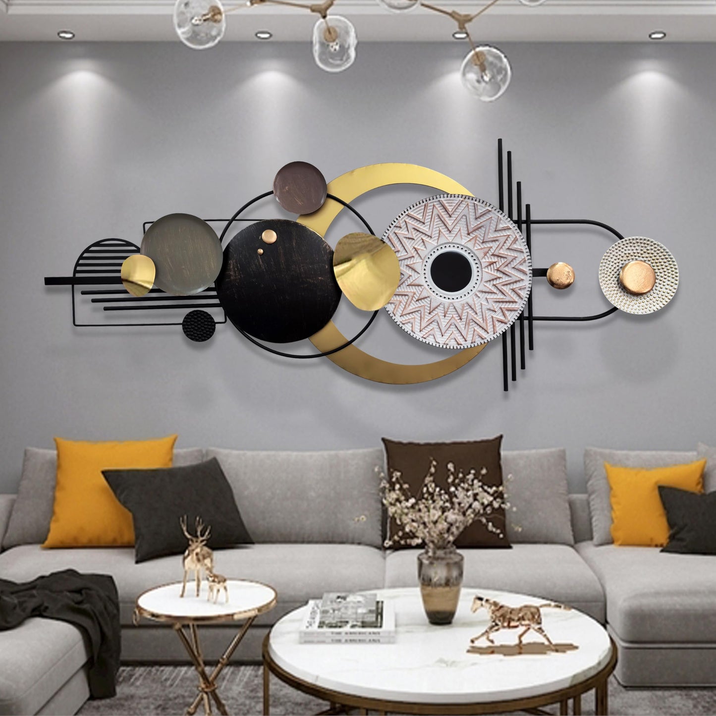 ERMOFAV Modern Metal Wall Art, Large 3D Geometric Circular Wall Decor Sculpture, Textured Metal Art for Living Room, Bedroom, or Den (59" x 24")