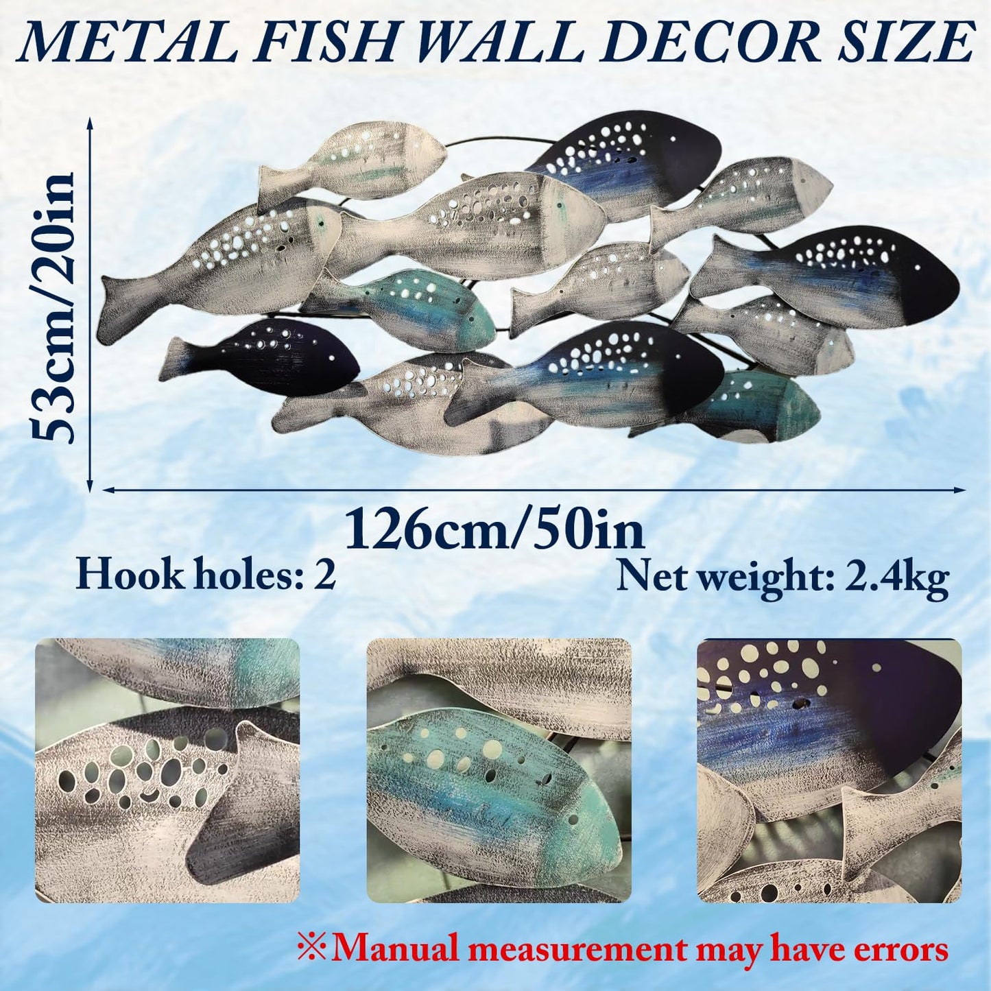Coastal Ocean 3D Metal Fish Wall Sculpture, Hand-Painted Hanging Decor for Living Room, Bedroom or Dining Room 50"x20"