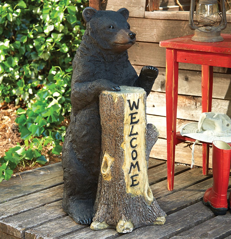 Standing Bear Tree Trunk Wooden Welcome Sign, Rustic Black Bear Wall Decor 14"x20"x35.5"