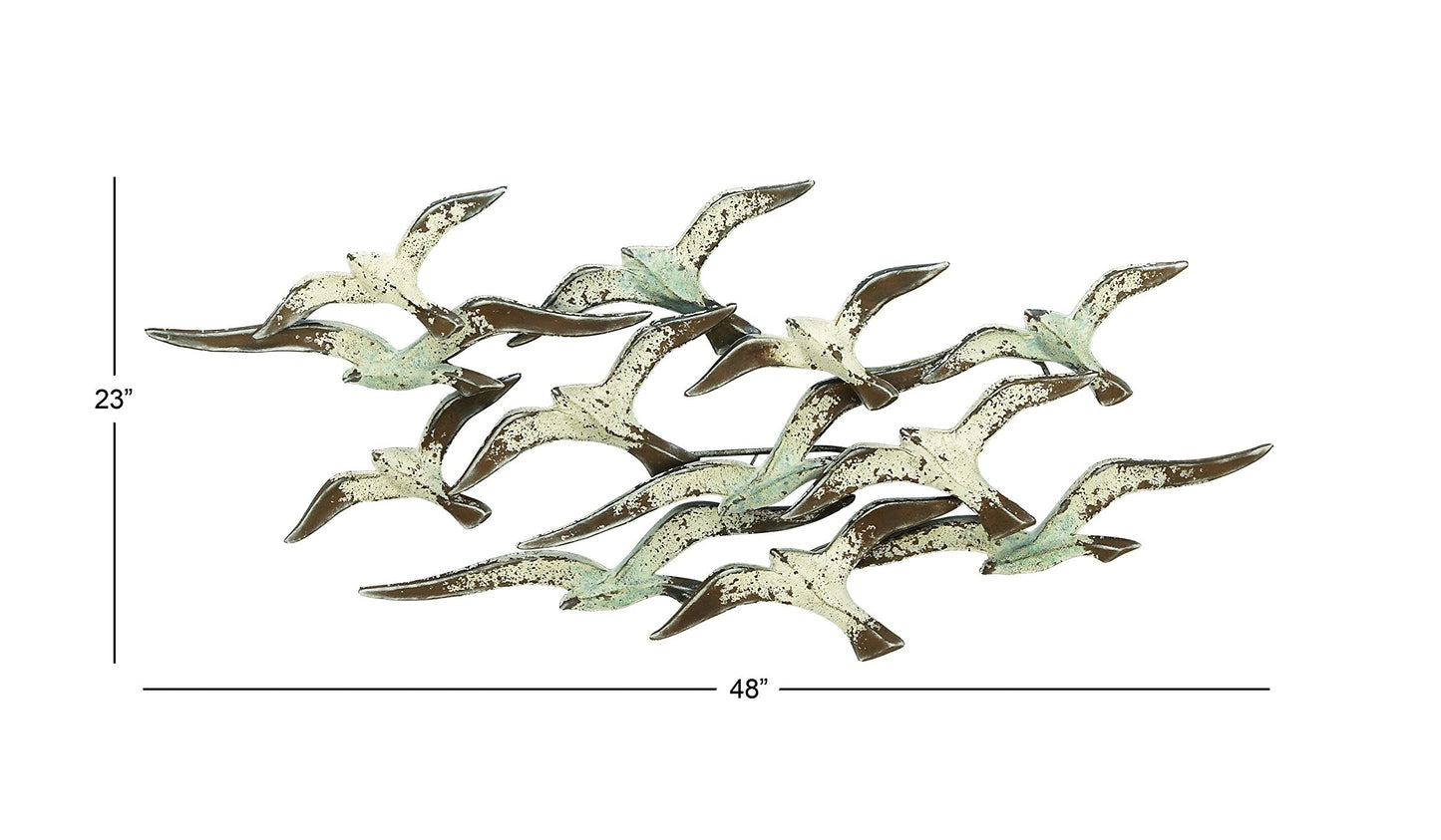 Flying Flock of Birds Metal Wall Art Sculpture, White Decorative Wall Decor 48"x23"
