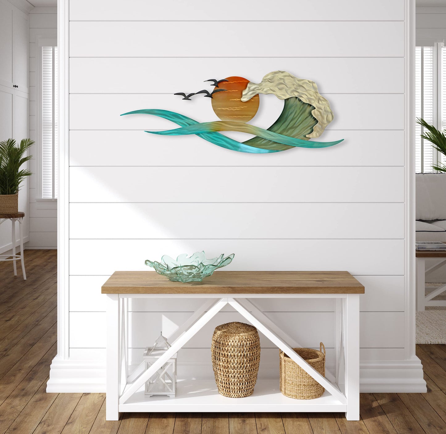 Waves and Sun Coastal Metal Wall Art, Contemporary Stainless Steel Beach and Ocean Wall Decor