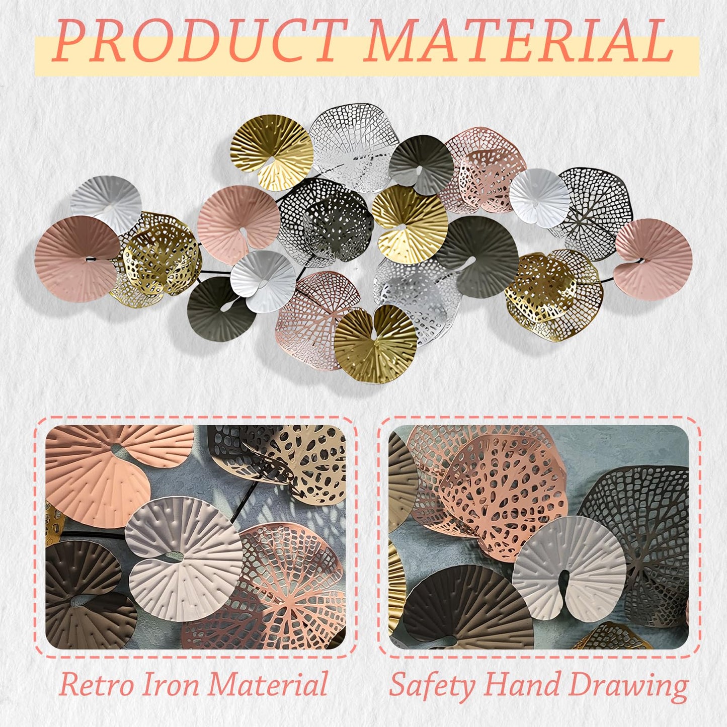 Large Coastal Metal Wall Art Decor, 3D Modern Gold Lotus Leaves Nautical Wall Decoration for Living Room or Bedroom, 53" x 26"