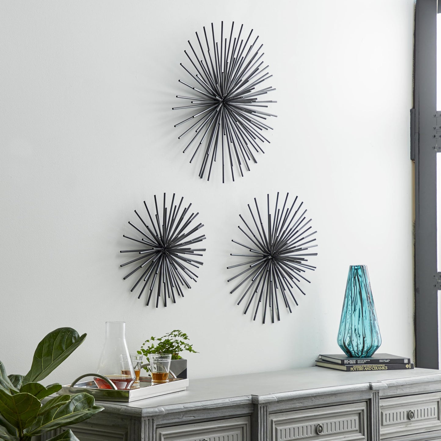 Set of 3 3D Metal Starburst Wall Art Sculptures, Black Decorative Wall Decor 16", 20", 24"