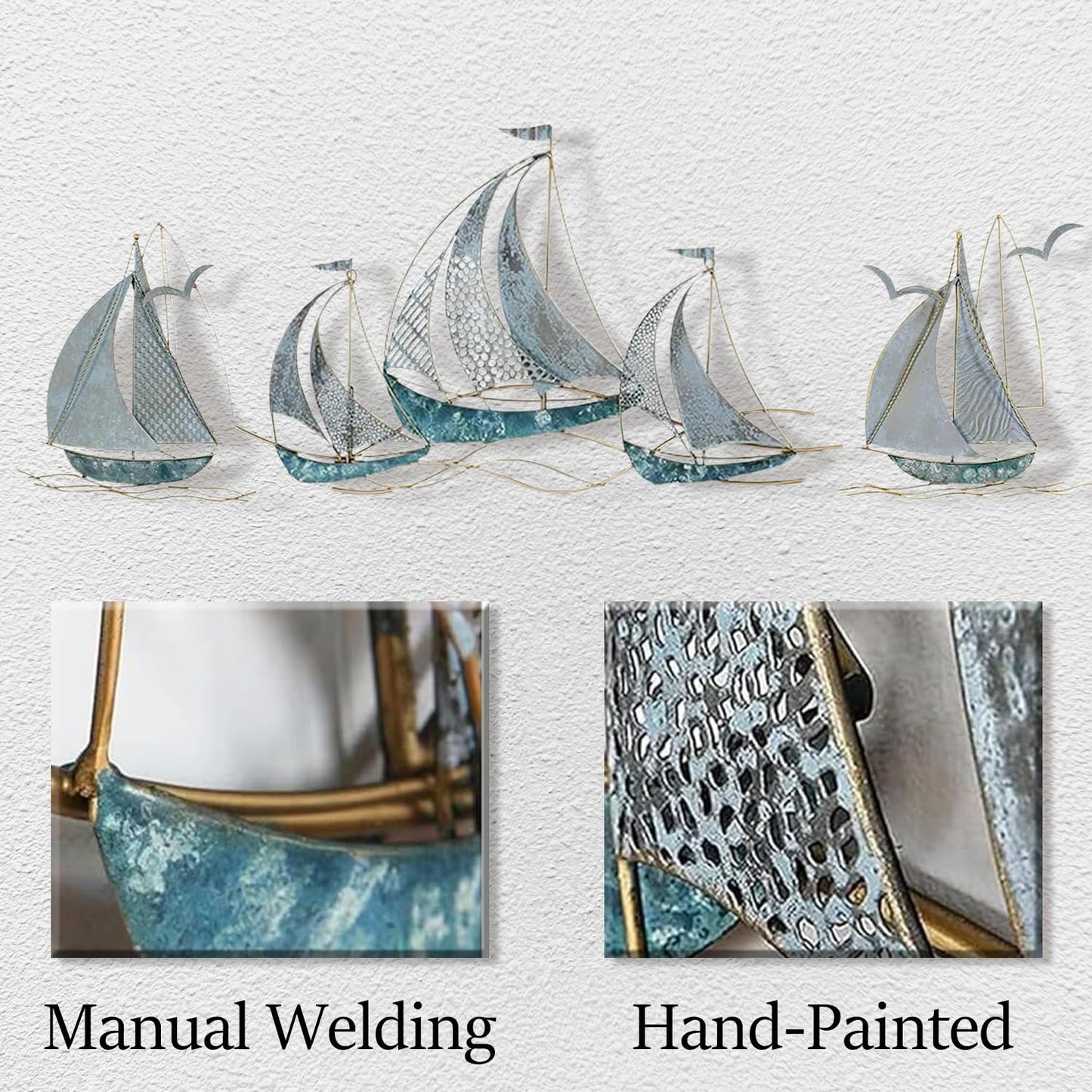 edaknez Set of 3 Metal Sailboat Wall Art, Coastal Nautical Blue Ship Wall Decor, Large Sailing Boat Metal Wall Sculpture for Living Room, Bedroom, Indoor & Outdoor