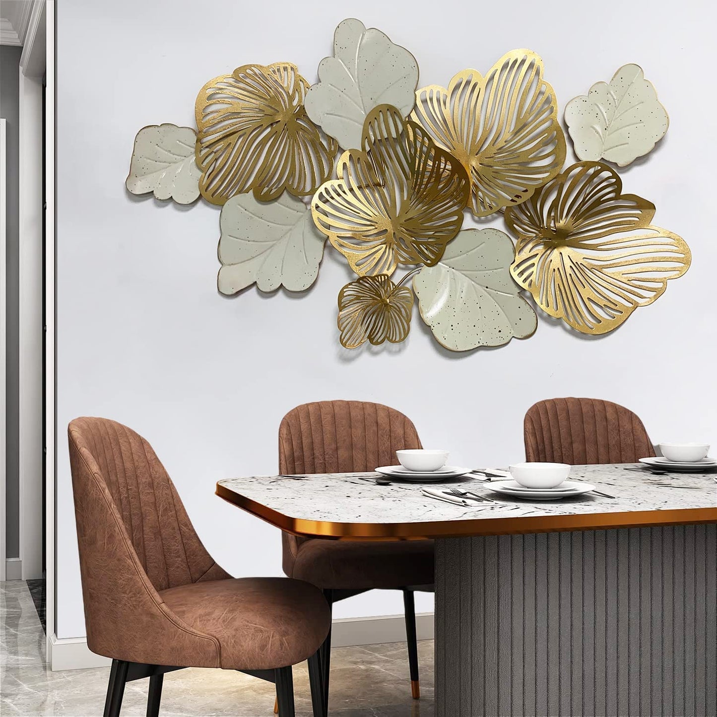 3D Gold Flower Metal Wall Art, Modern Blooming Wall Sculpture for Living Room, Bedroom or Kitchen Decor 52"x29"