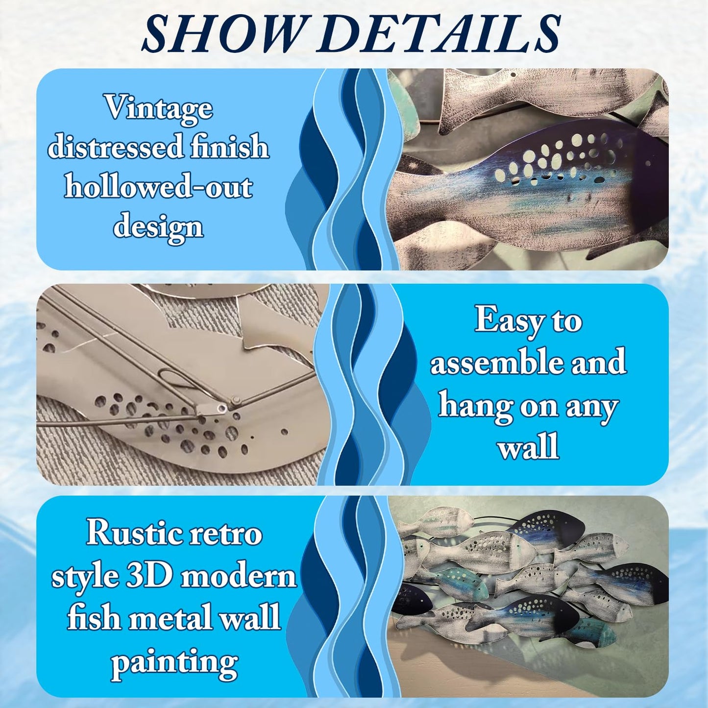 Coastal Ocean 3D Metal Fish Wall Sculpture, Hand-Painted Hanging Decor for Living Room, Bedroom or Dining Room 50"x20"