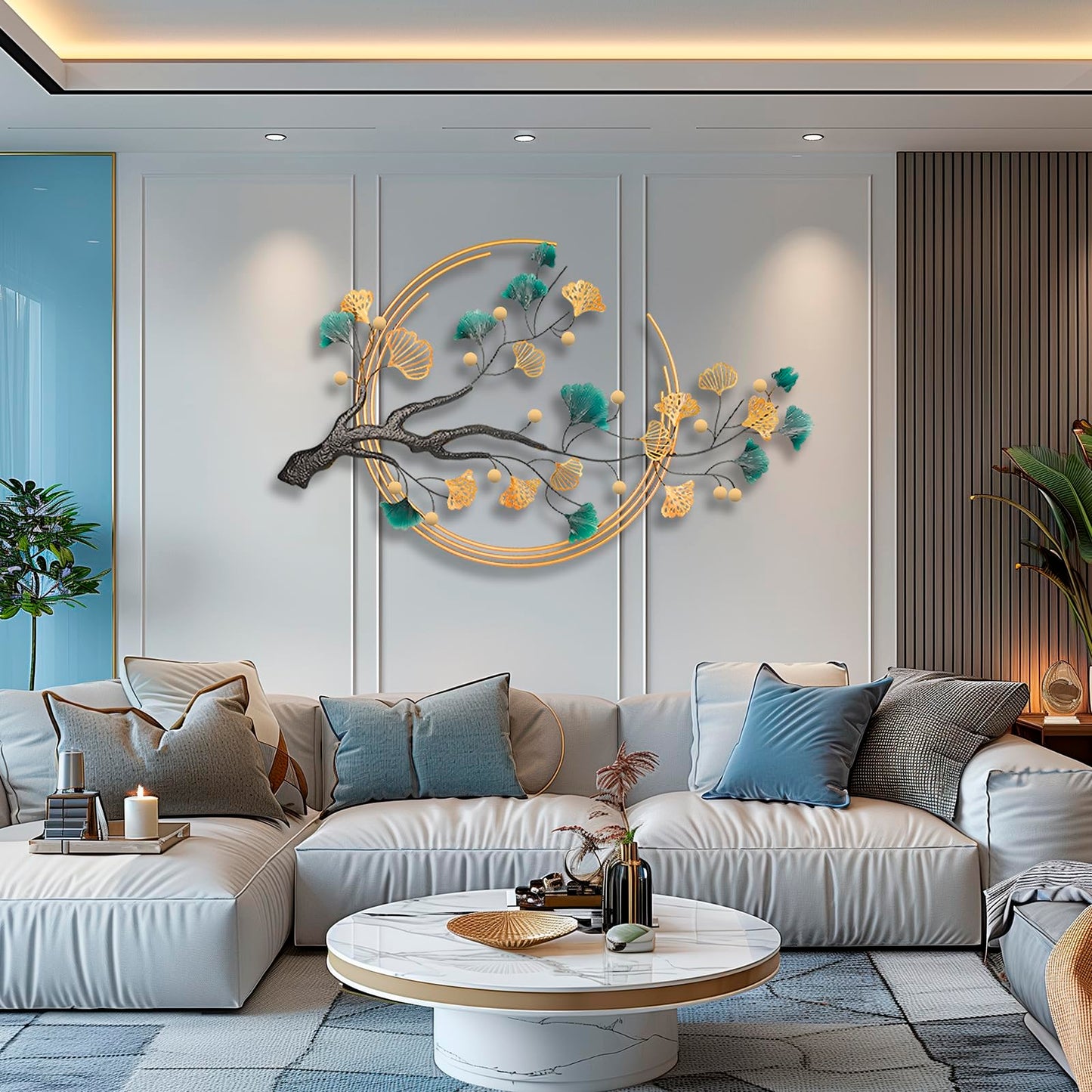 QXSXKJ 3D Metal Wall Art Decor, Large Gold Ginkgo Leaf Wall Sculpture, 59" Modern Metal Wall-Mounted Decoration for Living Room, Dining Room, and Bedroom