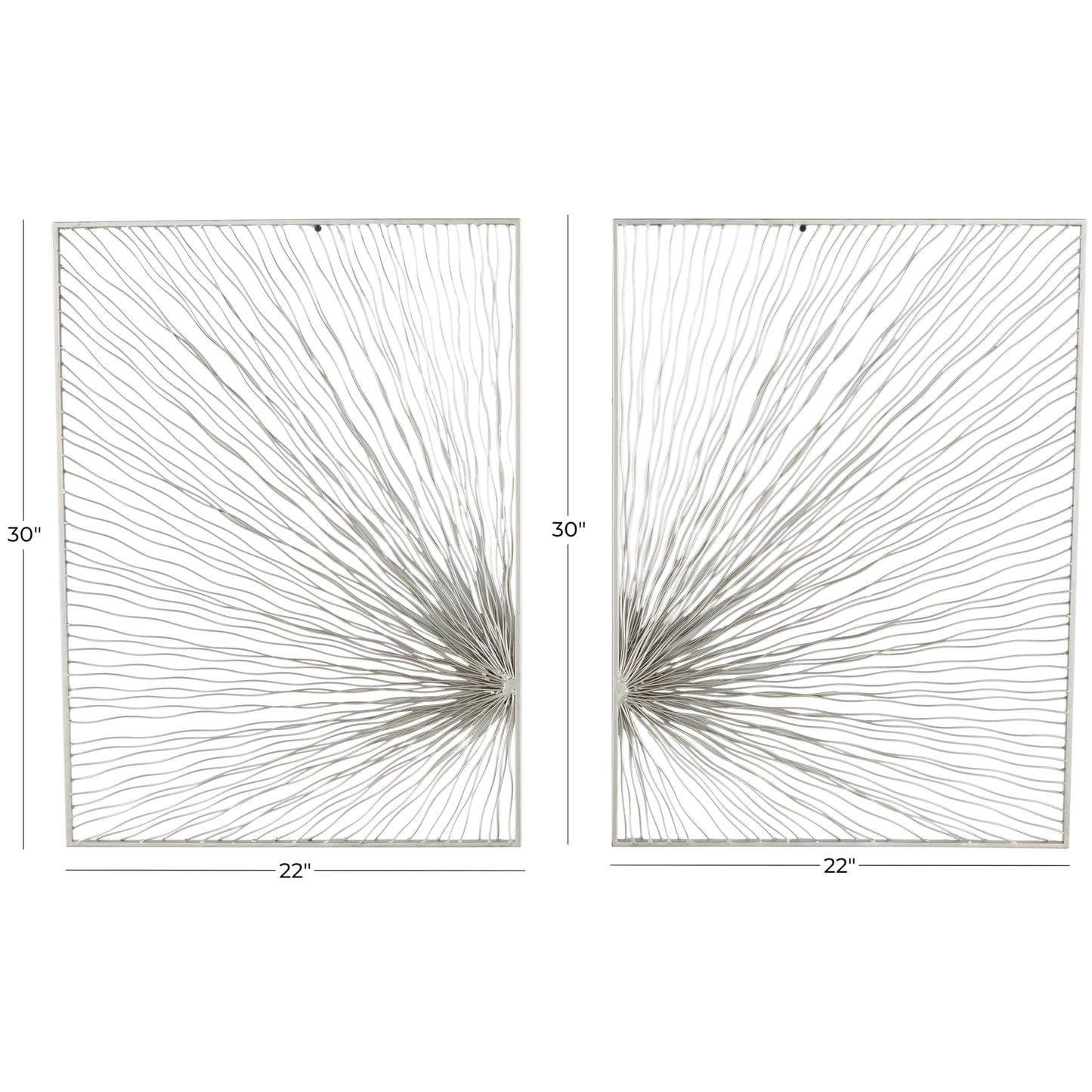 Set of 2 Metal Sunburst Wall Art Sculptures with Coiled Ribbon Design, Silver Decorative Wall Decor 22"x30"