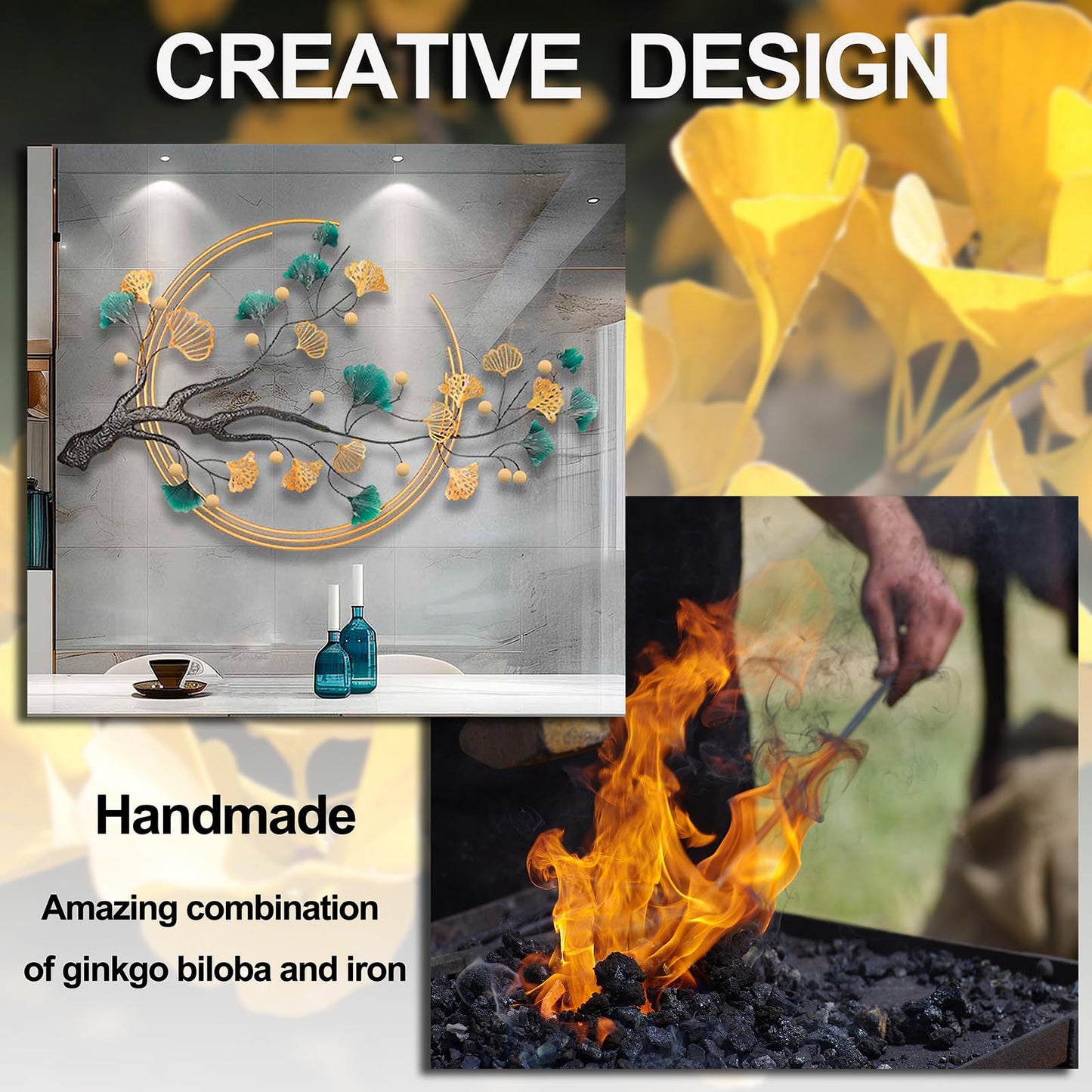 QXSXKJ 3D Metal Wall Art Decor, Large Gold Ginkgo Leaf Wall Sculpture, 59" Modern Metal Wall-Mounted Decoration for Living Room, Dining Room, and Bedroom