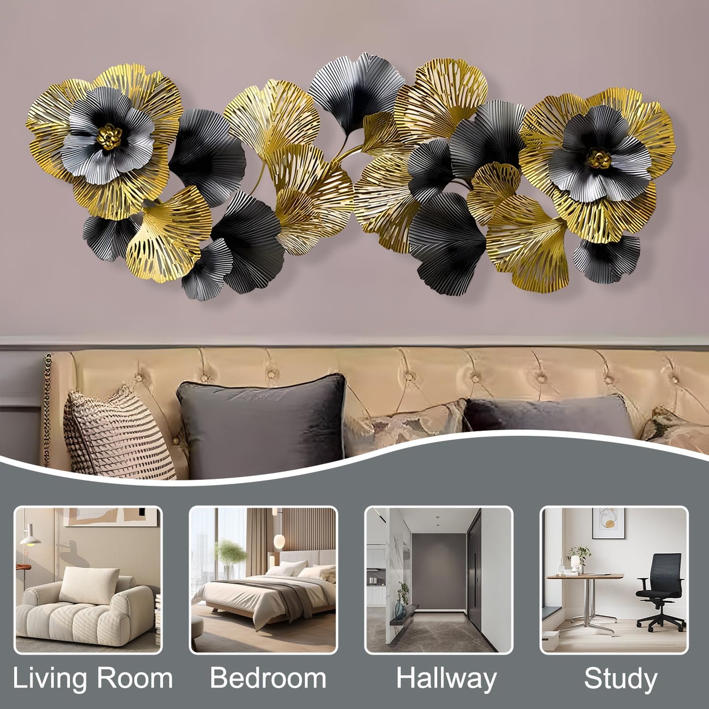 edaknez Extra Large Metal Wall Art, 3D Flower Leaves Metal Wall Decor for Living Room, Coastal Nautical Wall Hanging Sculpture, Indoor & Outdoor Black and Gold Decoration (B 145 x 55 x 6 cm)