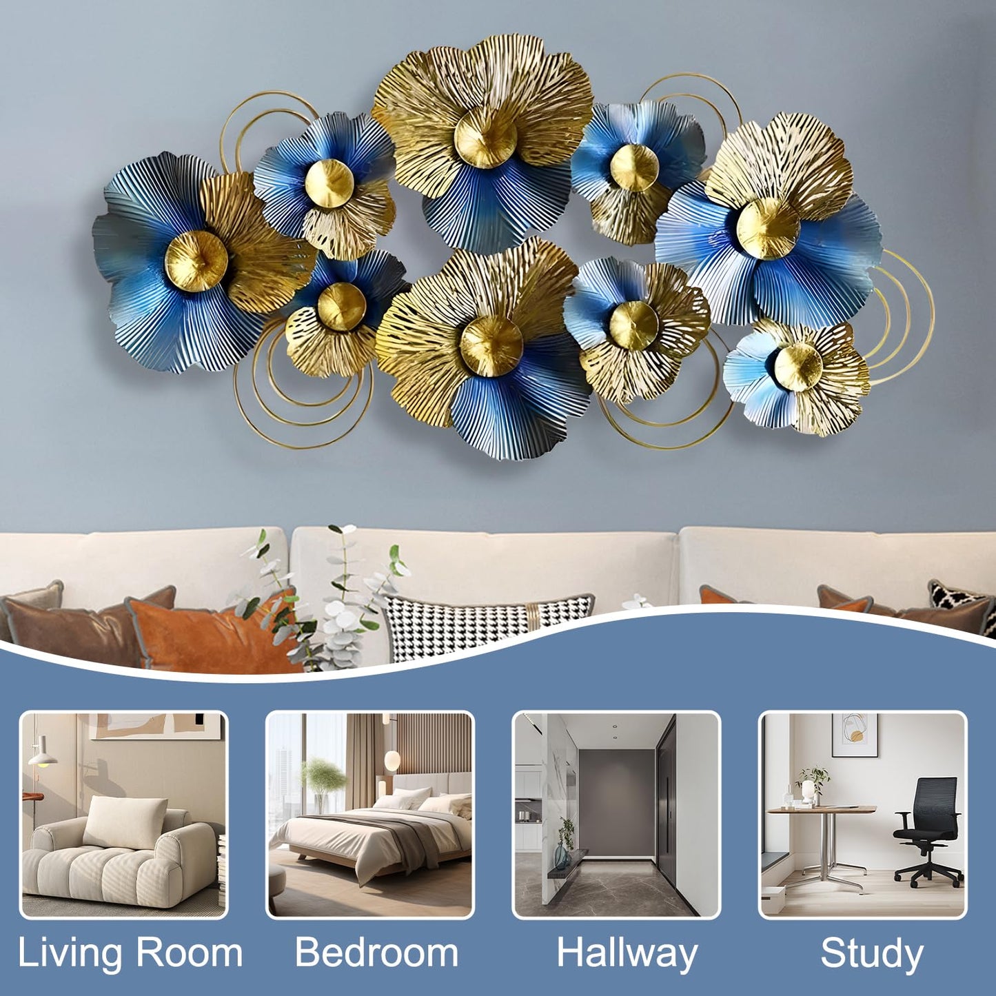 edaknez Metal Wall Decor for Living Room, Extra Large 3D Modern Leaves Metal Wall Art, Lotus Flower Wall Hanging Sculpture for Indoor & Outdoor Decoration, Blue and Gold (A 130 x 66 x 6 cm)