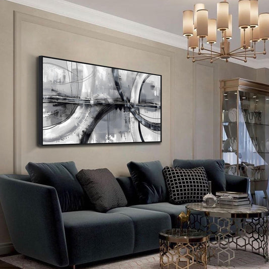 Abstract Black and White Framed Wall Art, Grey Painting for Bedroom or Gallery Home Decor 24"x48"