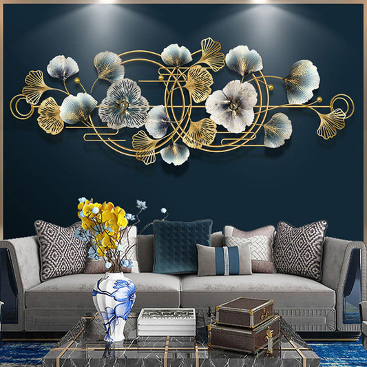 Metal Art Wall Decor, 3D Ginkgo Leaf Wall Art, Large Removable Metal Wall Sculpture for Living Room and Bedroom Decoration (64.6" × 26.4")