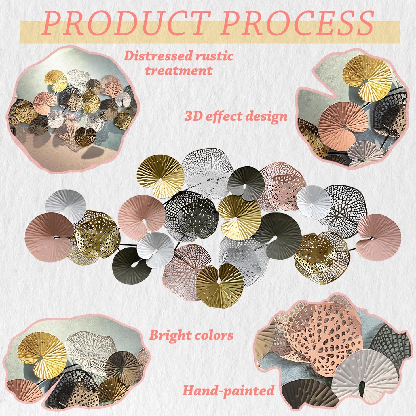 Large Coastal Metal Wall Art Decor, 3D Modern Gold Lotus Leaves Nautical Wall Decoration for Living Room or Bedroom, 53" x 26"