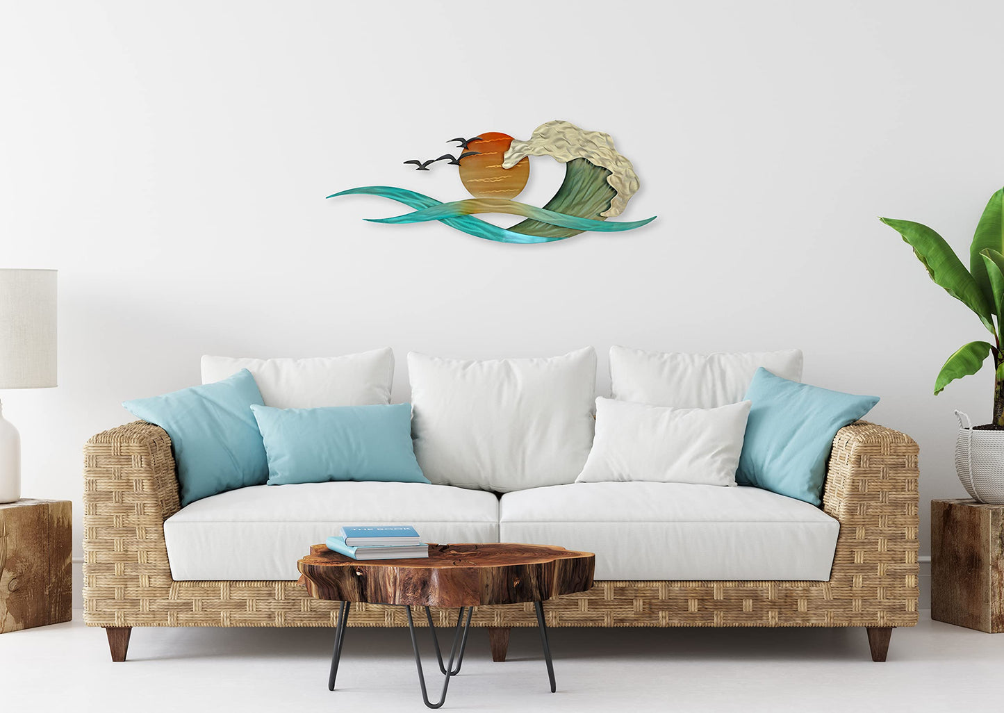 Waves and Sun Coastal Metal Wall Art, Contemporary Stainless Steel Beach and Ocean Wall Decor