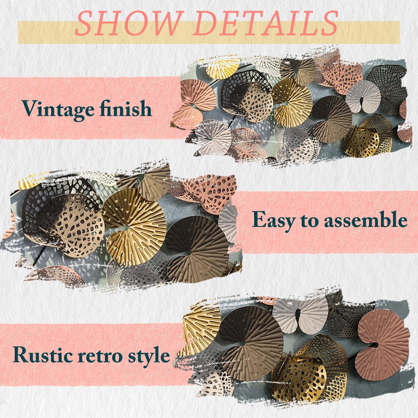 Large Coastal Metal Wall Art Decor, 3D Modern Gold Lotus Leaves Nautical Wall Decoration for Living Room or Bedroom, 53" x 26"