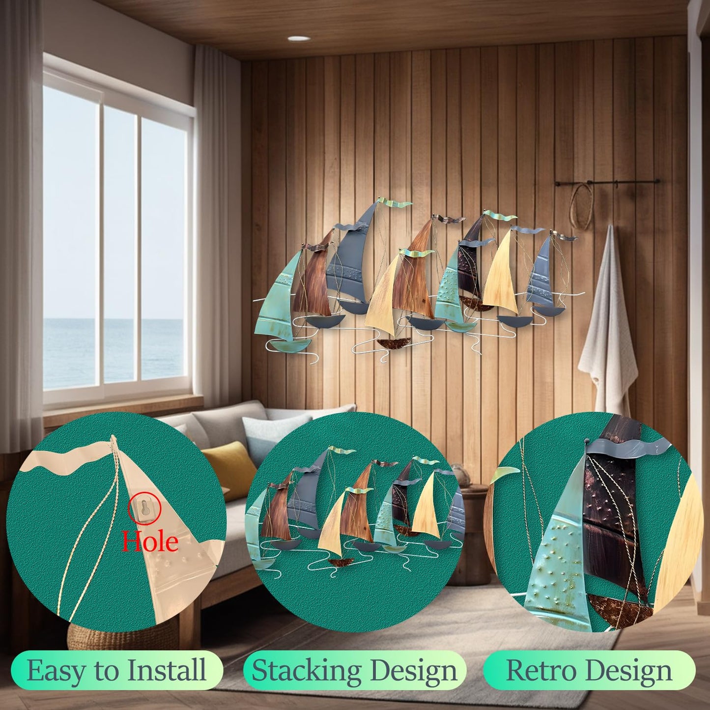 edaknez Large Metal Sailboat Wall Decor, 51" x 26" Coastal Nautical Ship Wall Art, Large Metal Boat Wall Sculpture for Living Room & Bedroom