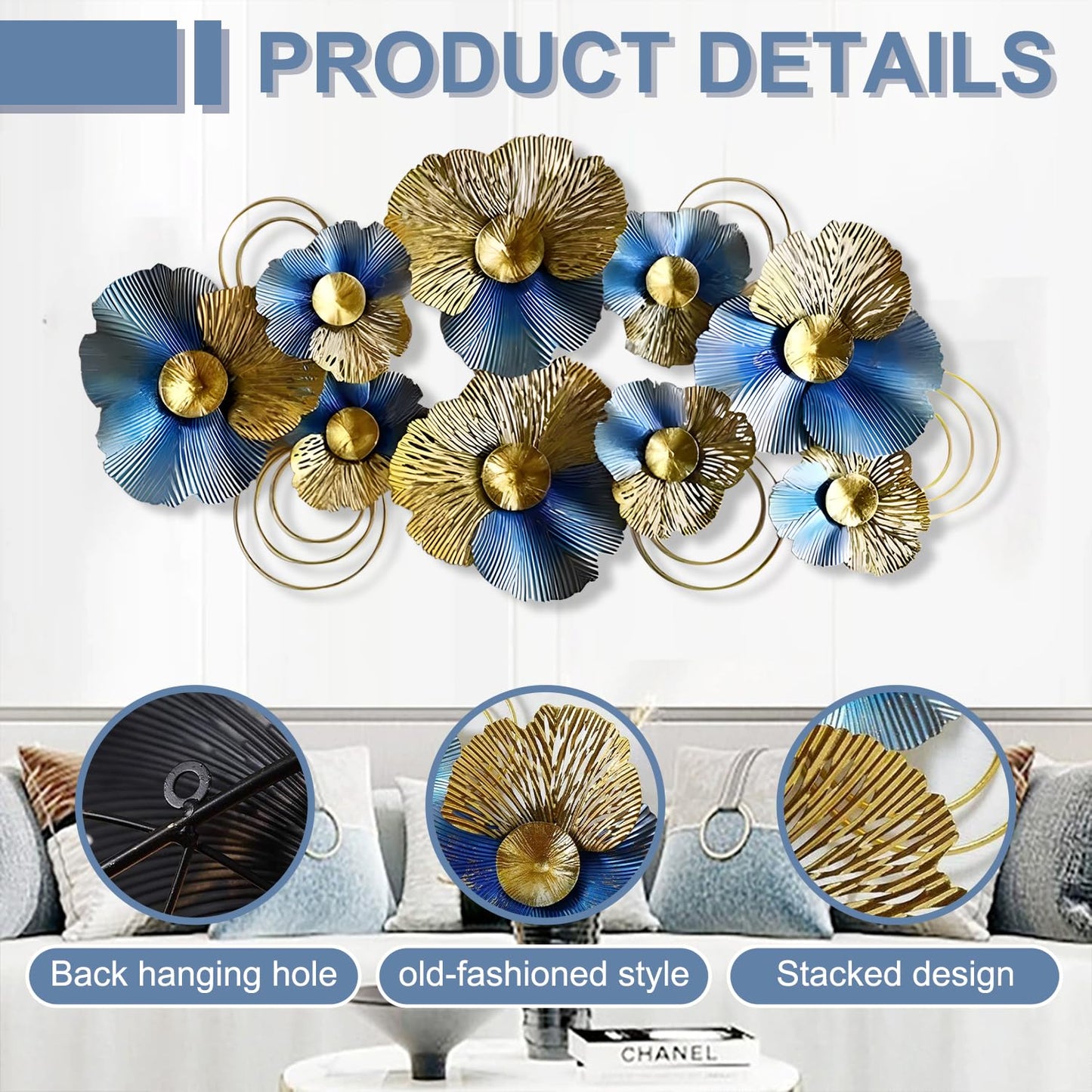 edaknez Metal Wall Decor for Living Room, Extra Large 3D Modern Leaves Metal Wall Art, Lotus Flower Wall Hanging Sculpture for Indoor & Outdoor Decoration, Blue and Gold (A 130 x 66 x 6 cm)