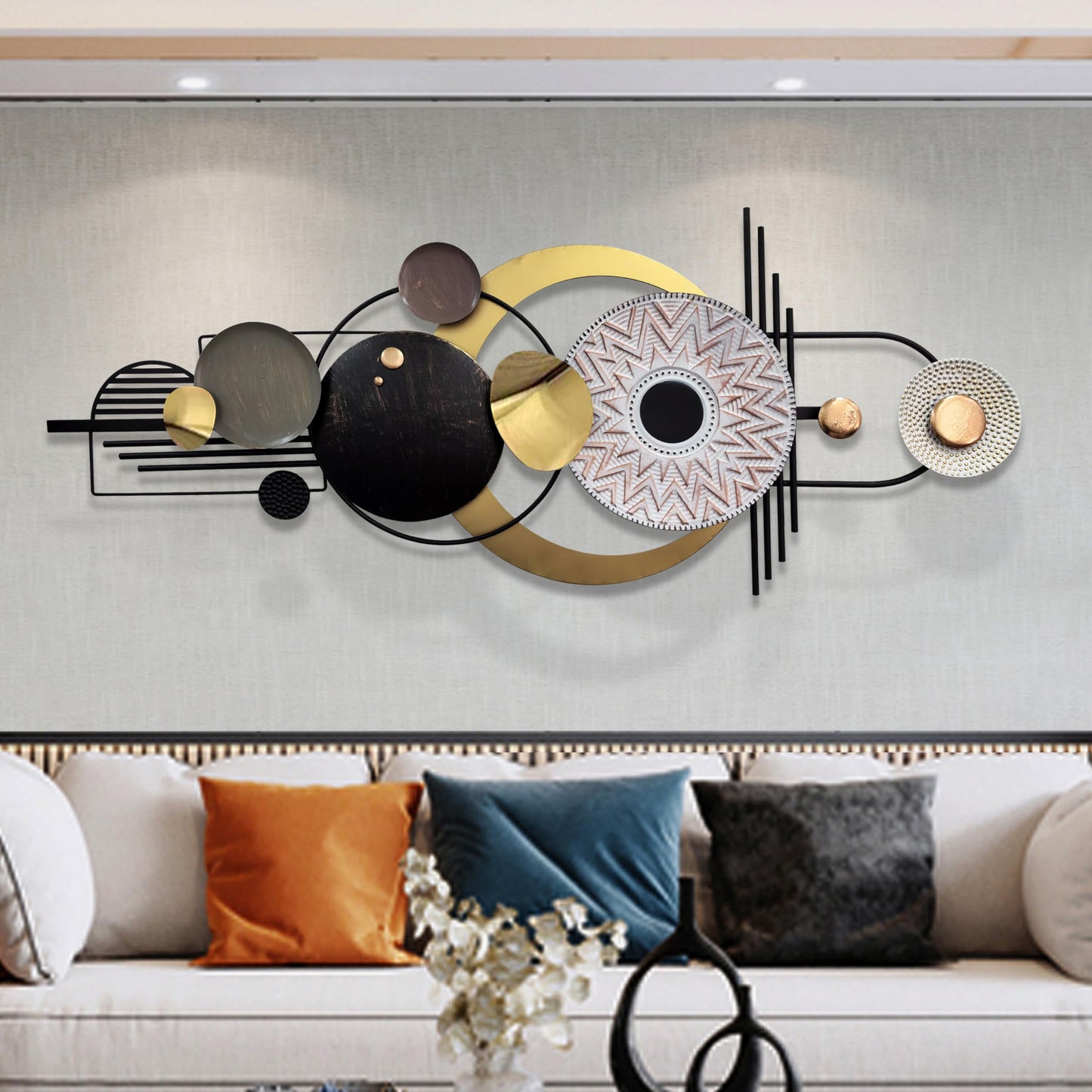 ERMOFAV Modern Metal Wall Art, Large 3D Geometric Circular Wall Decor Sculpture, Textured Metal Art for Living Room, Bedroom, or Den (59" x 24")