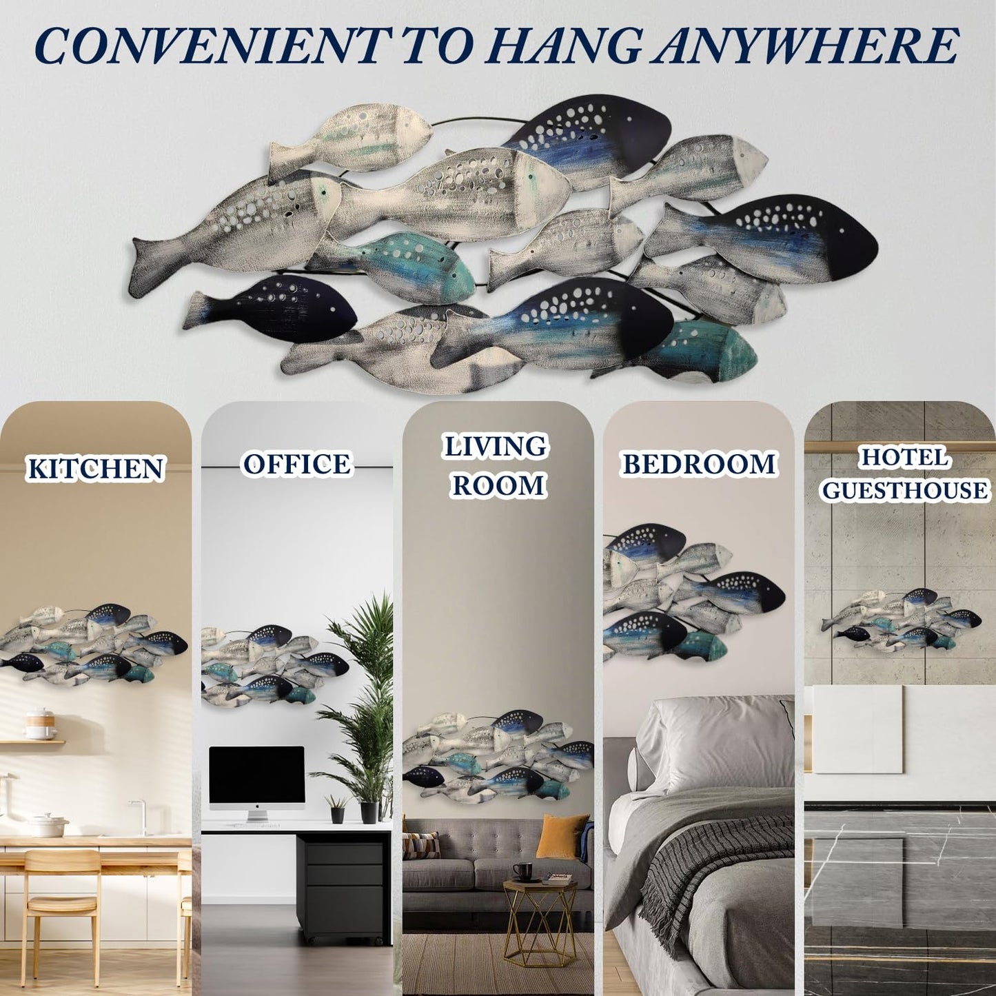 Coastal Ocean 3D Metal Fish Wall Sculpture, Hand-Painted Hanging Decor for Living Room, Bedroom or Dining Room 50"x20"