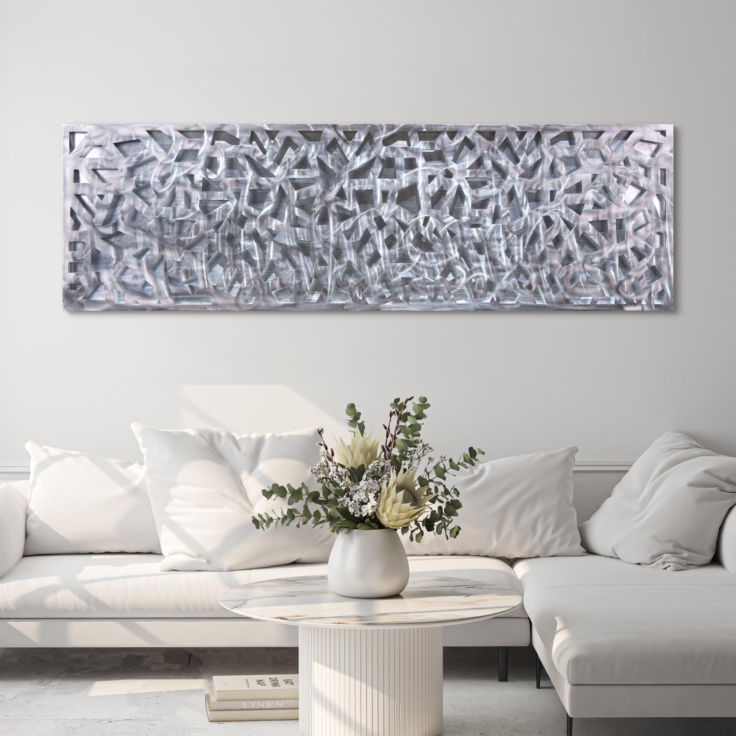 Abstract 3D Polished Steel Wall Art with Silver Leaf, Modern Metal Sculpture for Living Room or Office 72"x22"