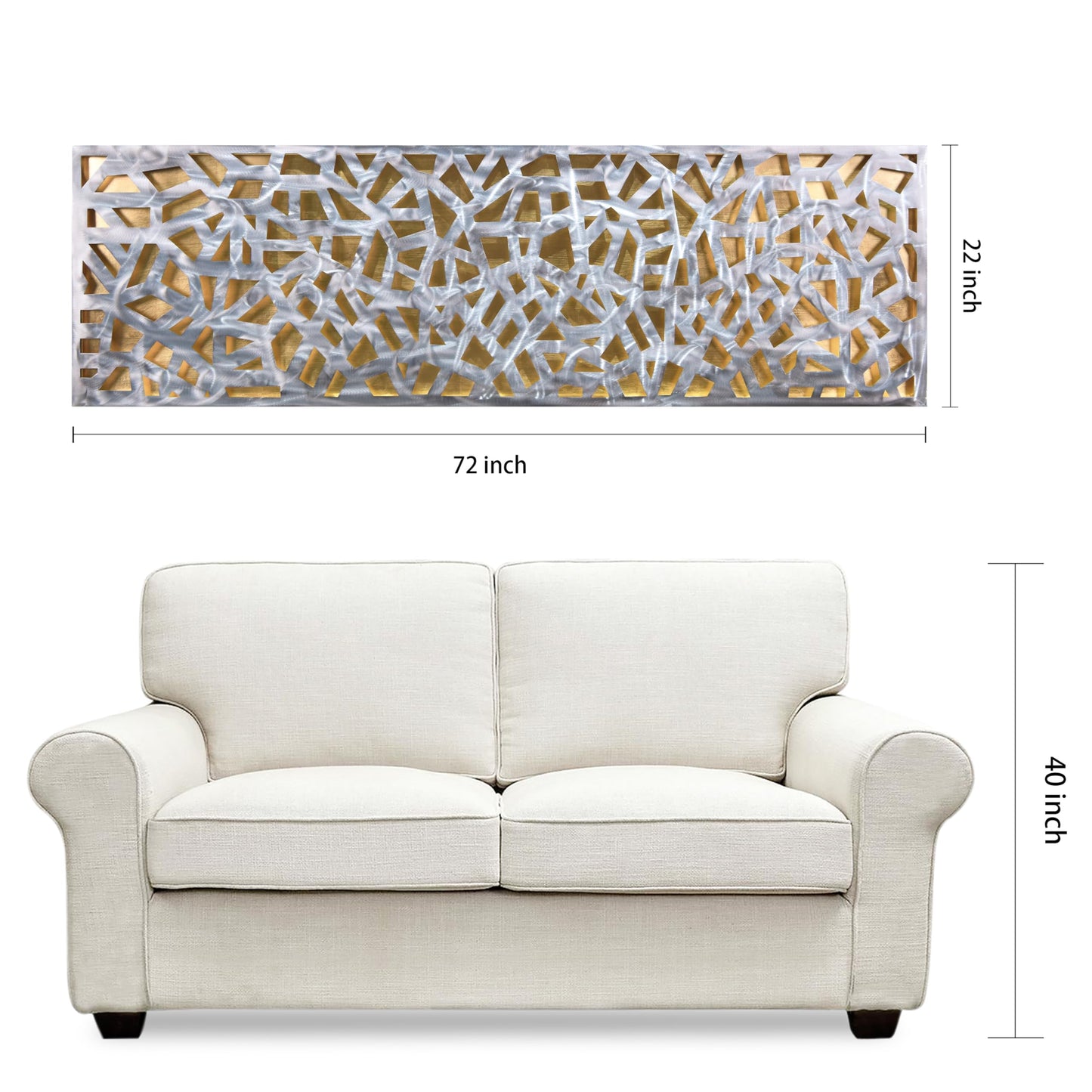 Abstract 3D Polished Steel Wall Art with Gold Leaf, Modern Metal Sculpture for Living Room or Office 72"x22"