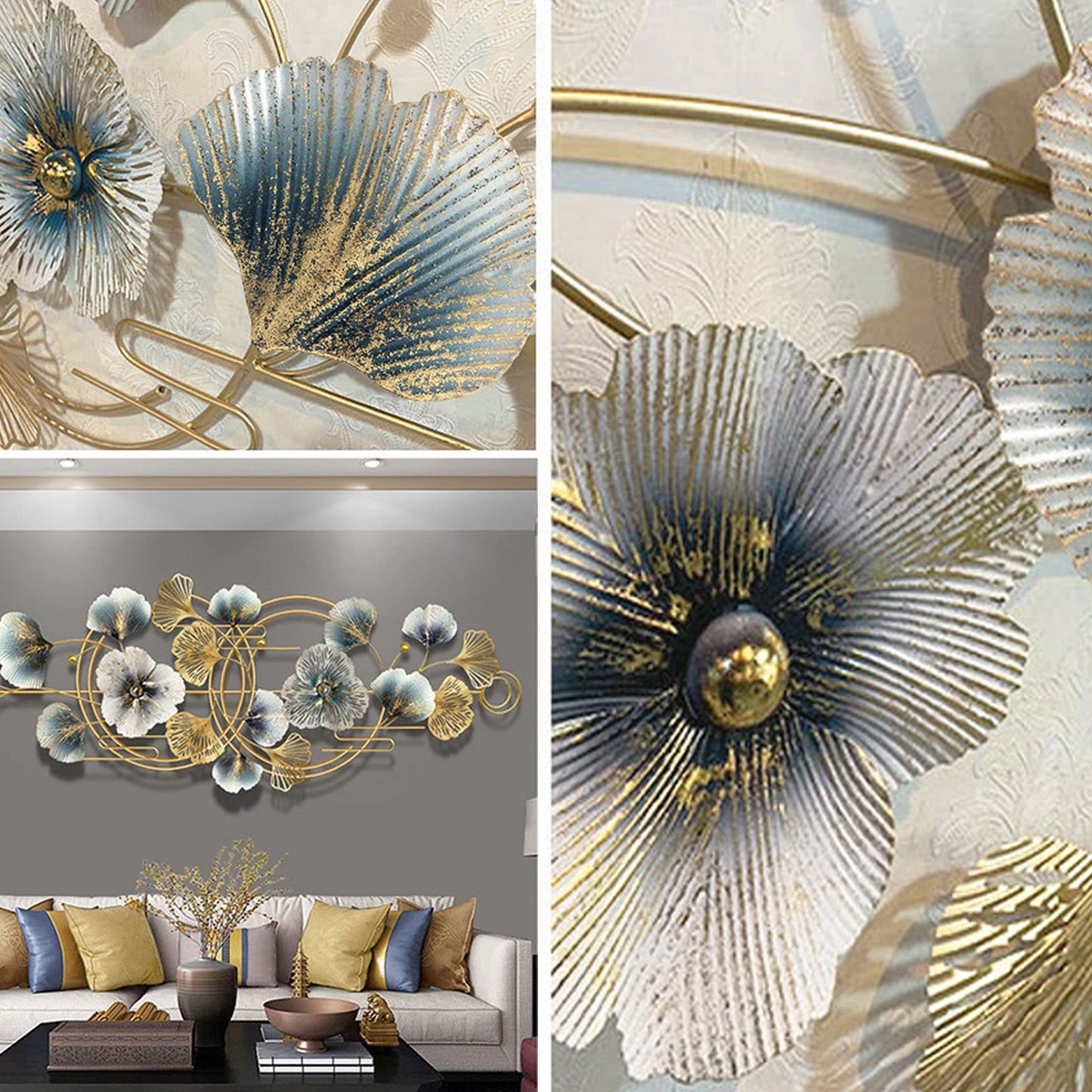 Metal Art Wall Decor, 3D Ginkgo Leaf Wall Art, Large Removable Metal Wall Sculpture for Living Room and Bedroom Decoration (64.6" × 26.4")