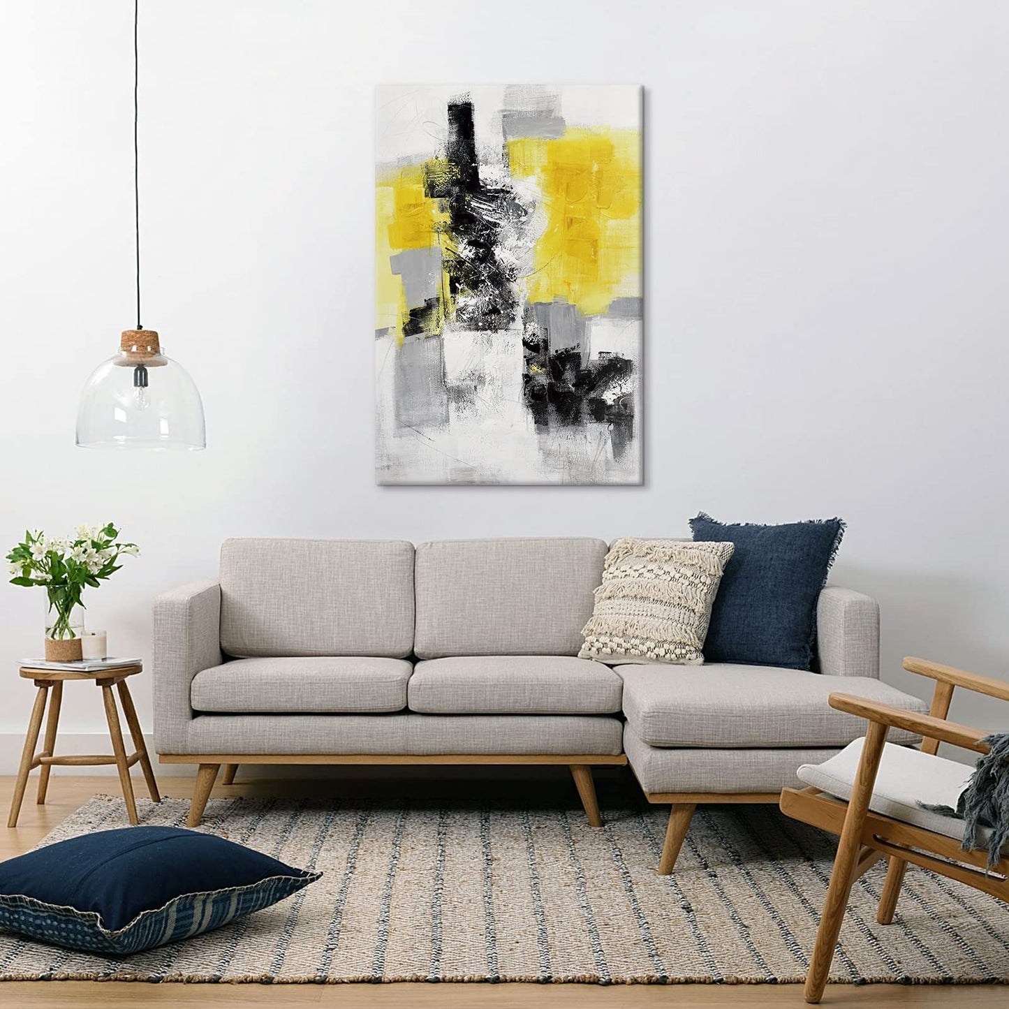 Yellow, Black and White Abstract Canvas Wall Art, Large Framed Painting for Bedroom, Living Room, Kitchen or Office 48"x32"