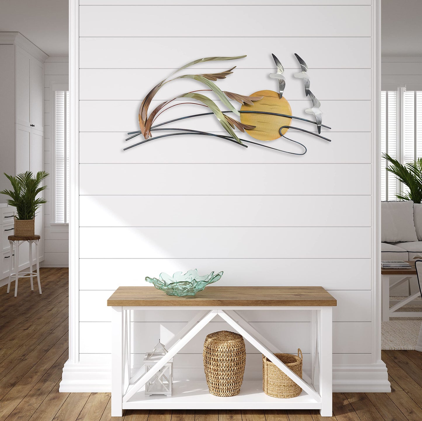 Contemporary Coastal Seagulls and Sea Oats Metal Wall Art with Sun, Handmade Stainless Steel Beach Decor