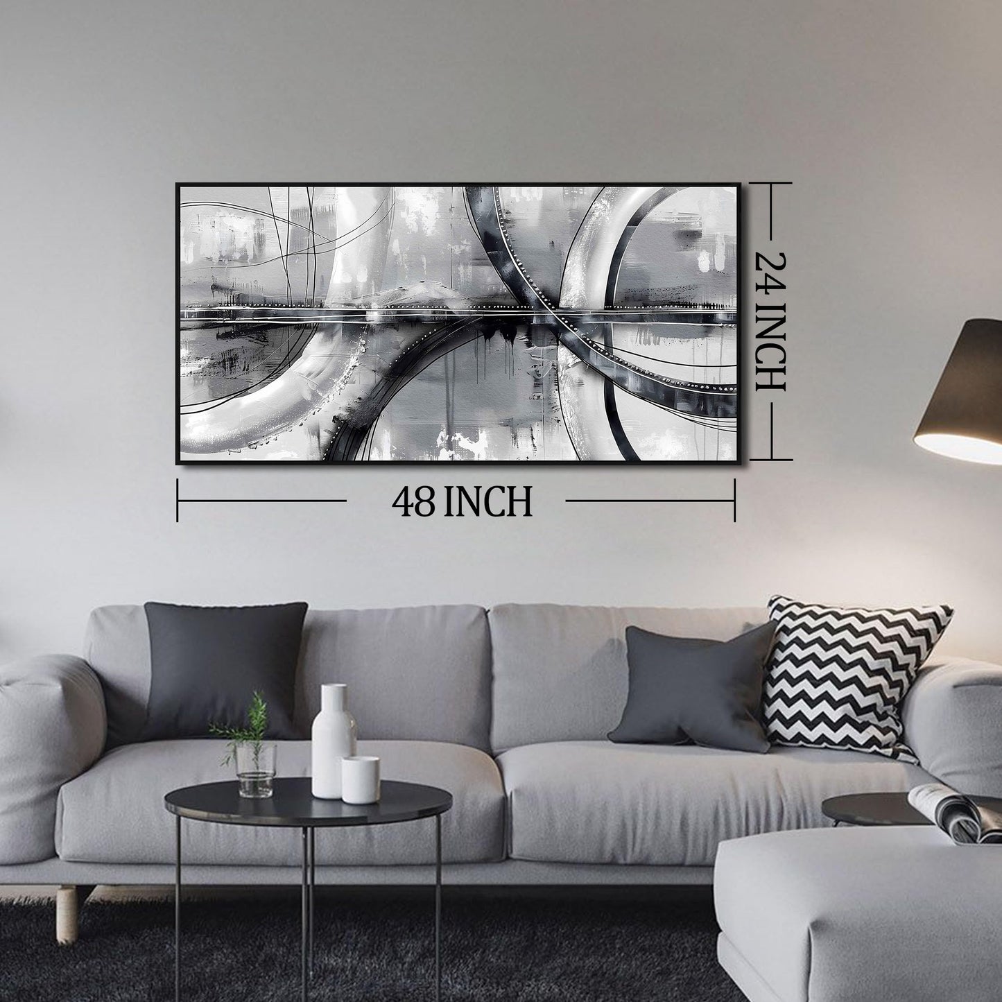 Abstract Black and White Framed Wall Art, Grey Painting for Bedroom or Gallery Home Decor 24"x48"